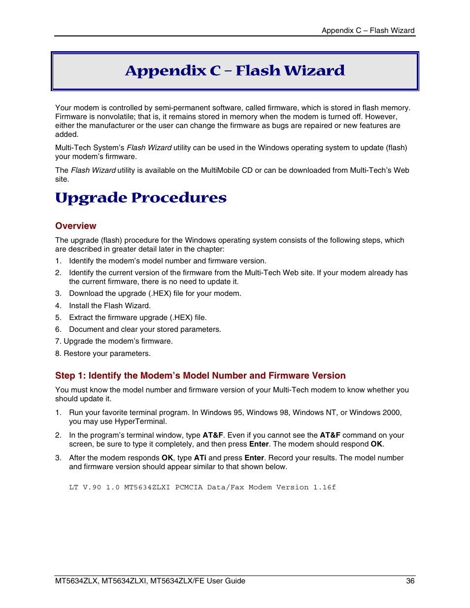 Appendix c – flash wizard, Upgrade procedures | Multi-Tech Systems MT5634ZLXFE User Manual | Page 36 / 43