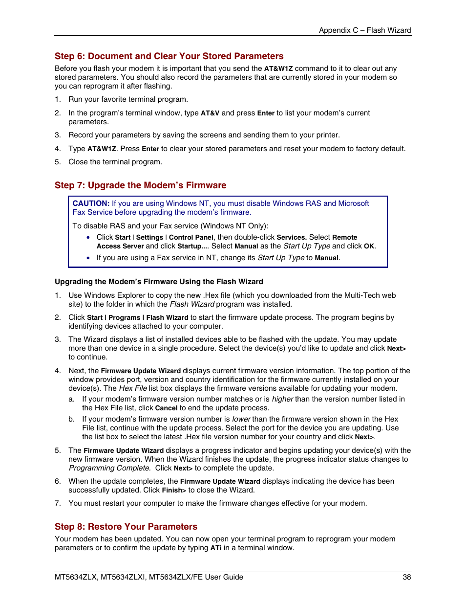 Step 7: upgrade the modem’s firmware, Appendix d – technical specifications | Multi-Tech Systems MT5634ZLXFE User Manual | Page 38 / 43