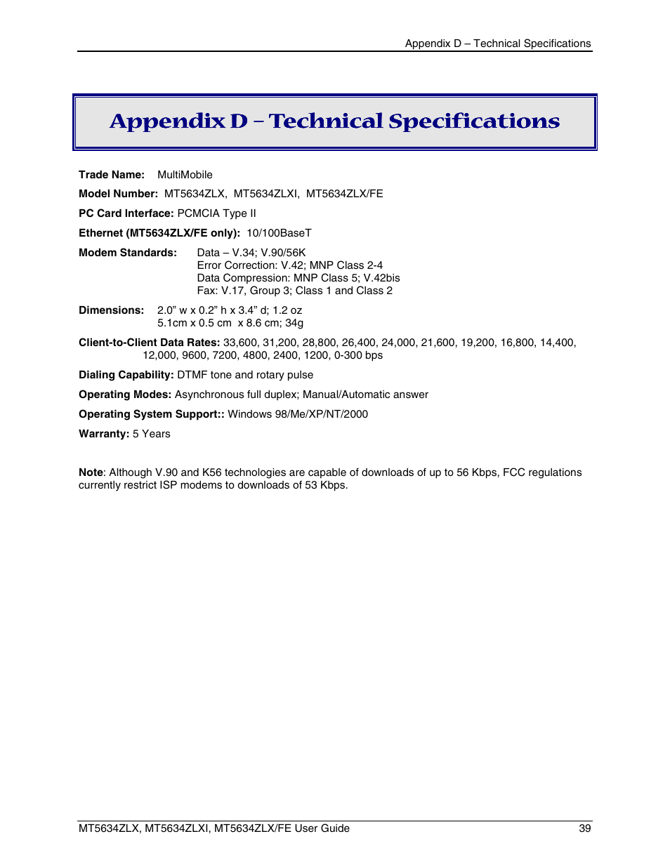 Appendix d – technical specifications | Multi-Tech Systems MT5634ZLXFE User Manual | Page 39 / 43