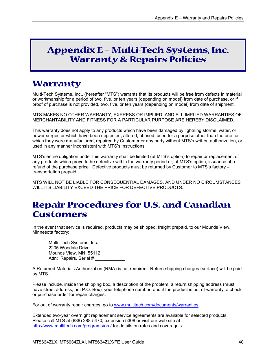 Warranty, Repair procedures for u.s. and canadian customers, Arranty | Epair, Rocedures for, Anadian, Ustomers, Index, Appendix e – multi-tech systems, inc, Repair procedures for u.s. and canadian | Multi-Tech Systems MT5634ZLXFE User Manual | Page 40 / 43