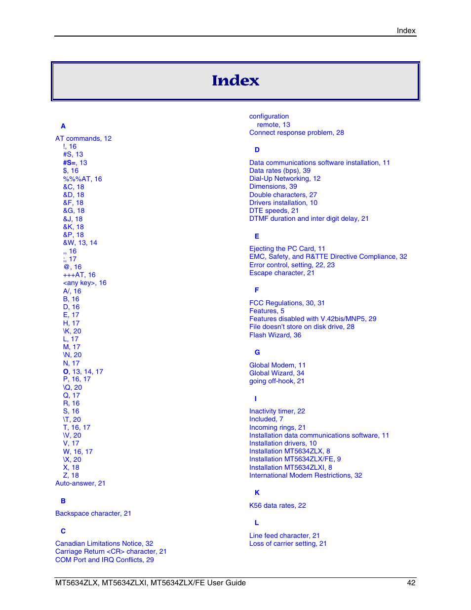 Index | Multi-Tech Systems MT5634ZLXFE User Manual | Page 42 / 43