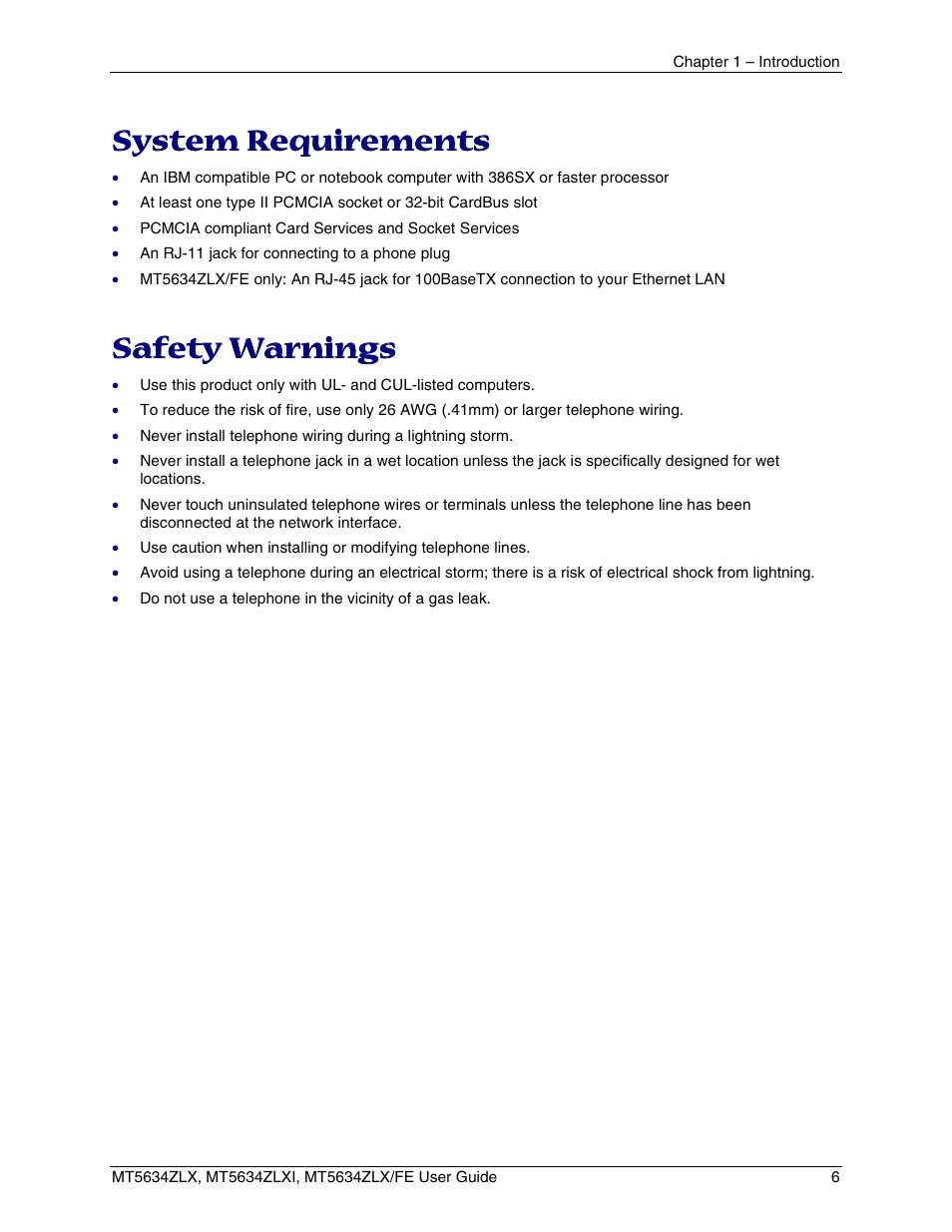 System requirements, Safety warnings, Afety | Arnings, Upply | Multi-Tech Systems MT5634ZLXFE User Manual | Page 6 / 43