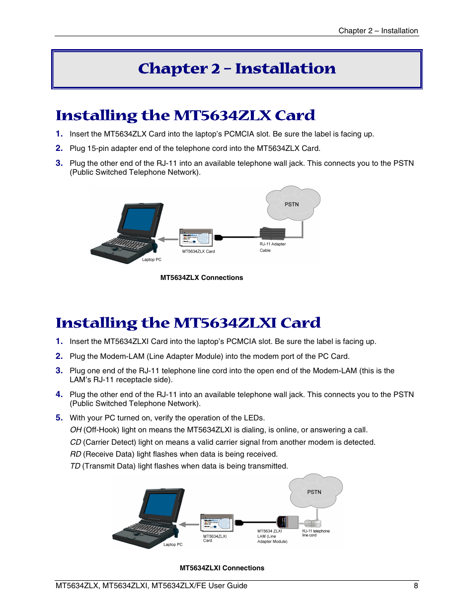 Chapter 2 – installation, Installing the mt5634zlx card, Installing the mt5634zlxi card | Nstalling the, Mt5634zlx c, Mt5634zlxi c, Mt5634zlx/fe c | Multi-Tech Systems MT5634ZLXFE User Manual | Page 8 / 43