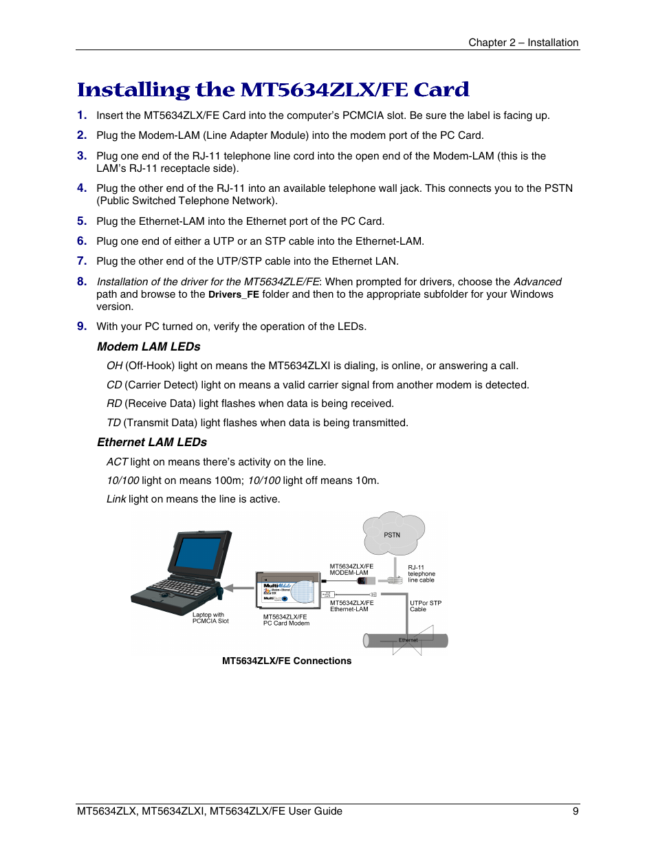 Installing the mt5634zlx/fe card, Nstalling the, Odem | River | Multi-Tech Systems MT5634ZLXFE User Manual | Page 9 / 43