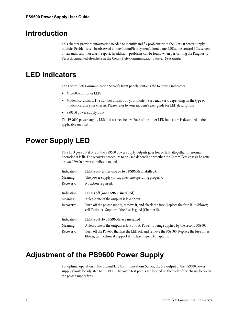 Introduction, Led indicators, Power supply led | Adjustment of the ps9600 power supply | Multi-Tech Systems PS9600 User Manual | Page 16 / 21