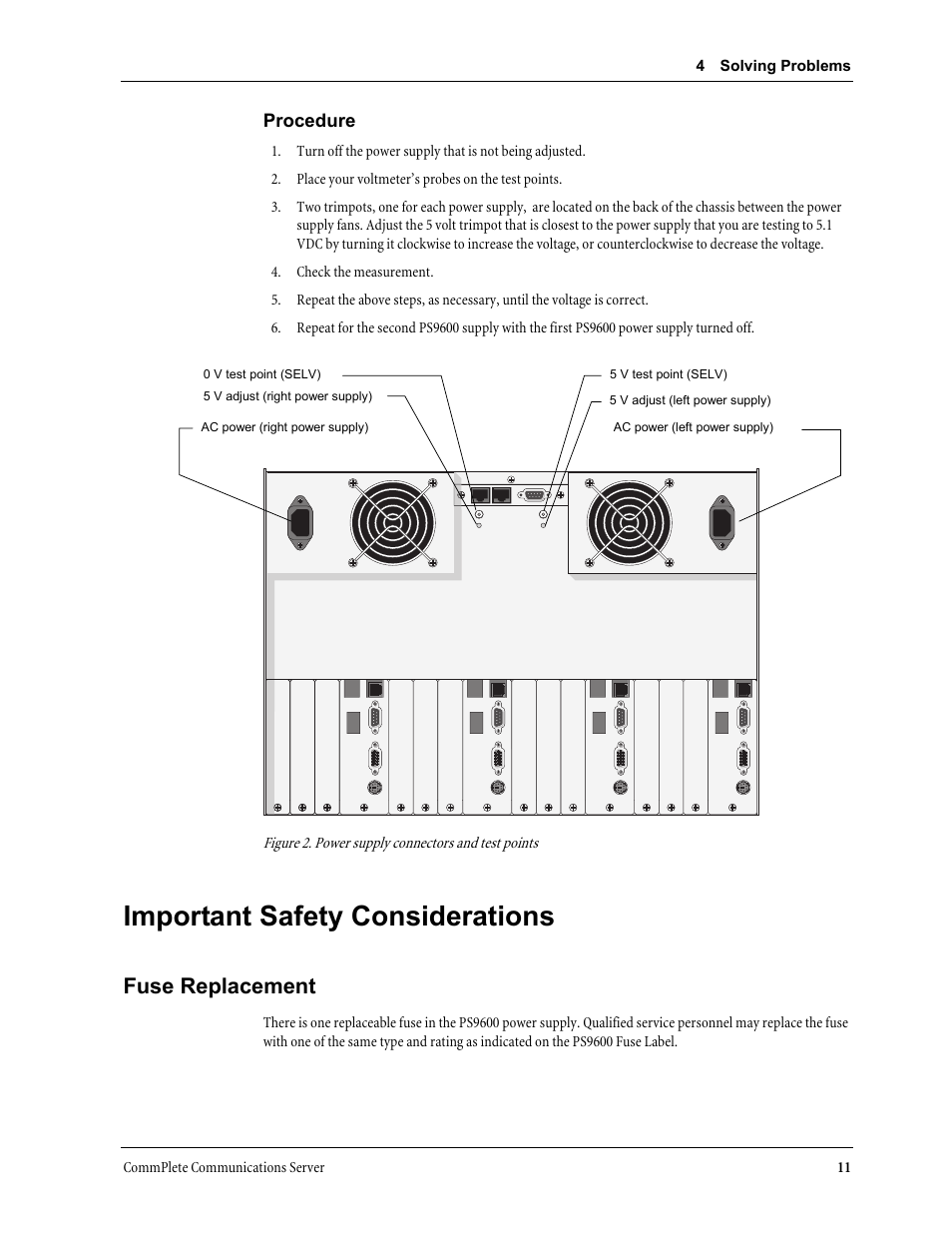 Important safety considerations, Fuse replacement, Procedure | Figure 2. power supply connectors and test points | Multi-Tech Systems PS9600 User Manual | Page 17 / 21