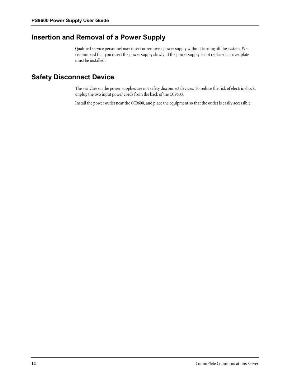 Insertion and removal of a power supply, Safety disconnect device | Multi-Tech Systems PS9600 User Manual | Page 18 / 21