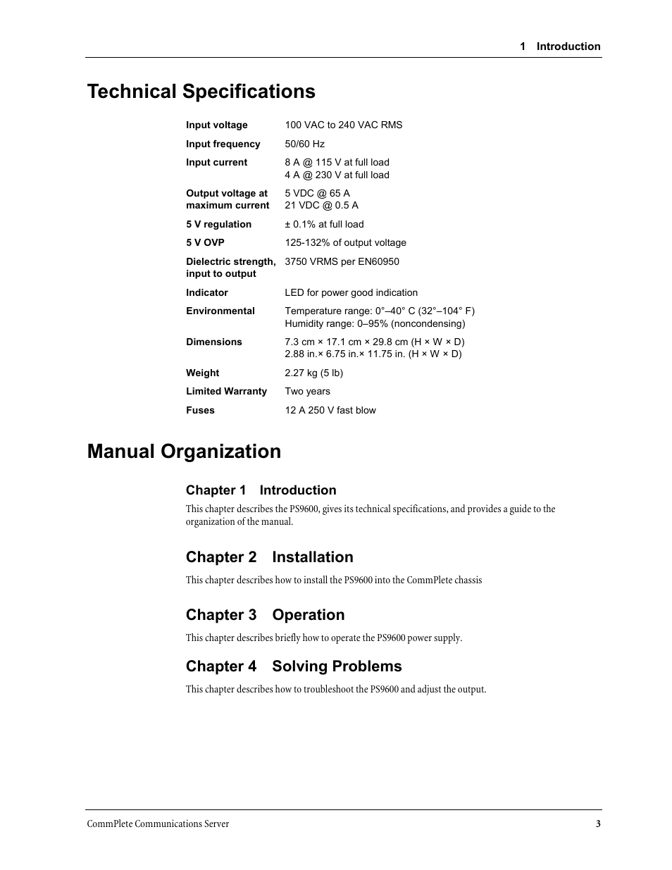 Technical specifications, Manual organization, Technical specifications manual organization | Chapter 2 installation, Chapter 3 operation, Chapter 4 solving problems | Multi-Tech Systems PS9600 User Manual | Page 9 / 21
