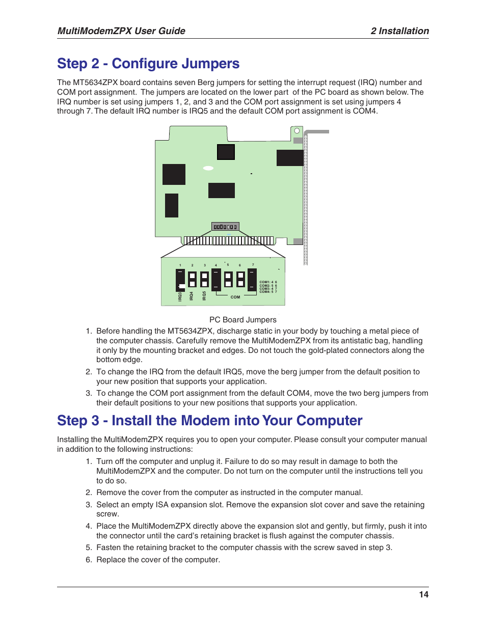 Step 2 - configure jumpers, Step 3 - install the modem into your computer, 2 installation | Multimodemzpx user guide | Multi-Tech Systems MULTIMODEM MT5634ZPX-V.92-ISA User Manual | Page 14 / 47