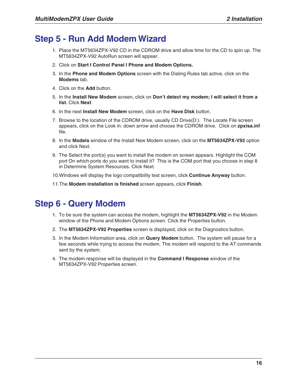 Step 5 - run add modem wizard, Step 6 - query modem | Multi-Tech Systems MULTIMODEM MT5634ZPX-V.92-ISA User Manual | Page 16 / 47