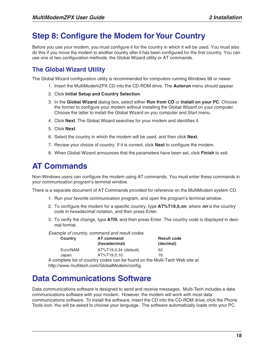 Step 8: configure the modem for your country, At commands, Data communications software | The global wizard utility | Multi-Tech Systems MULTIMODEM MT5634ZPX-V.92-ISA User Manual | Page 18 / 47