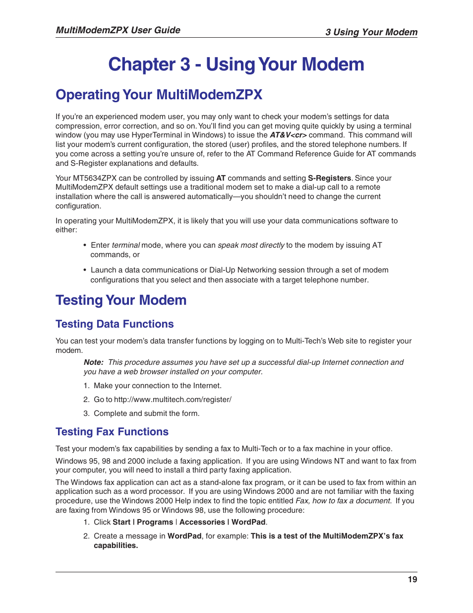 Chapter 3 - using your modem, Operating your multimodemzpx, Testing your modem | Testing data functions, Testing fax functions | Multi-Tech Systems MULTIMODEM MT5634ZPX-V.92-ISA User Manual | Page 19 / 47