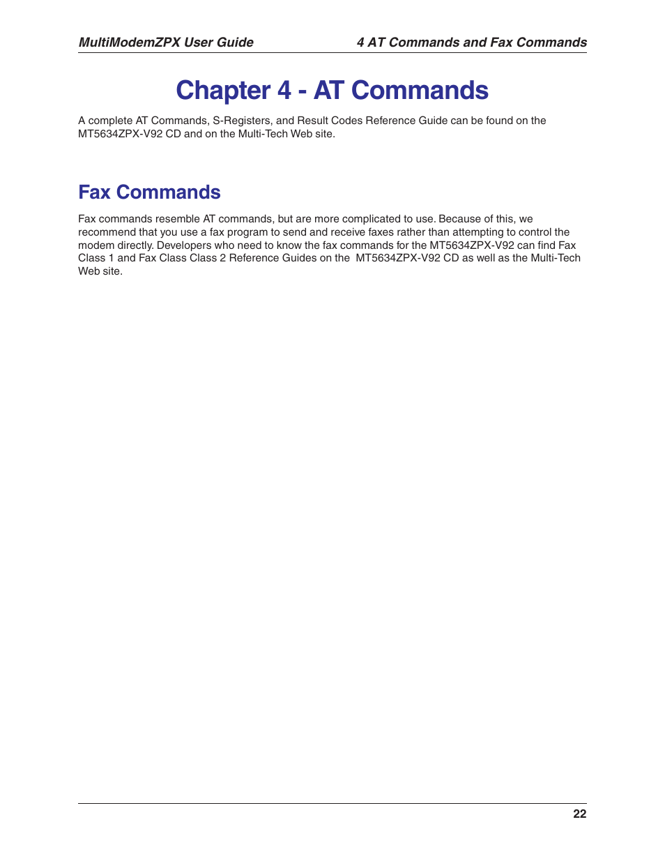 Chapter 4 - at commands, Fax commands | Multi-Tech Systems MULTIMODEM MT5634ZPX-V.92-ISA User Manual | Page 22 / 47