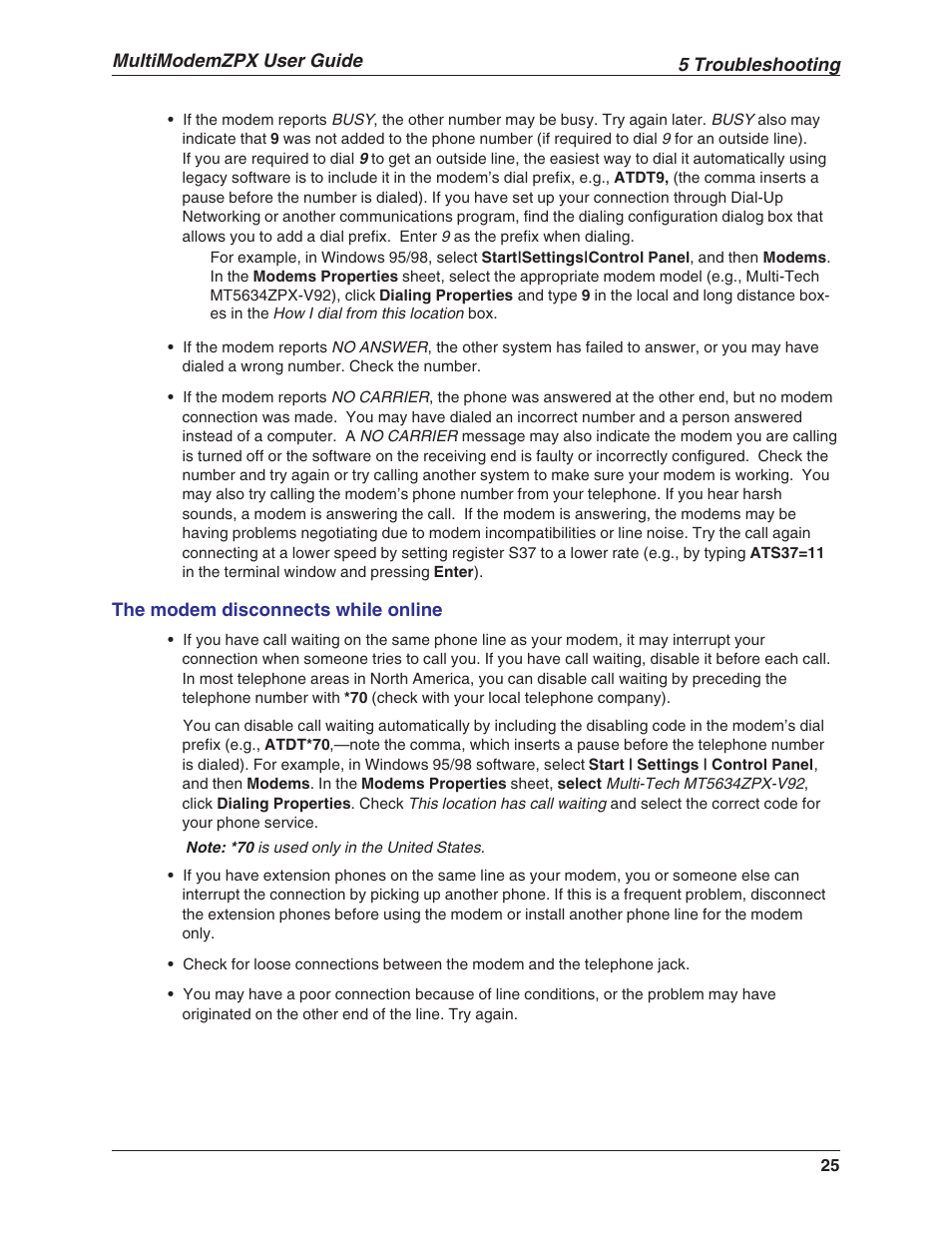 5 troubleshooting, Multimodemzpx user guide | Multi-Tech Systems MULTIMODEM MT5634ZPX-V.92-ISA User Manual | Page 25 / 47