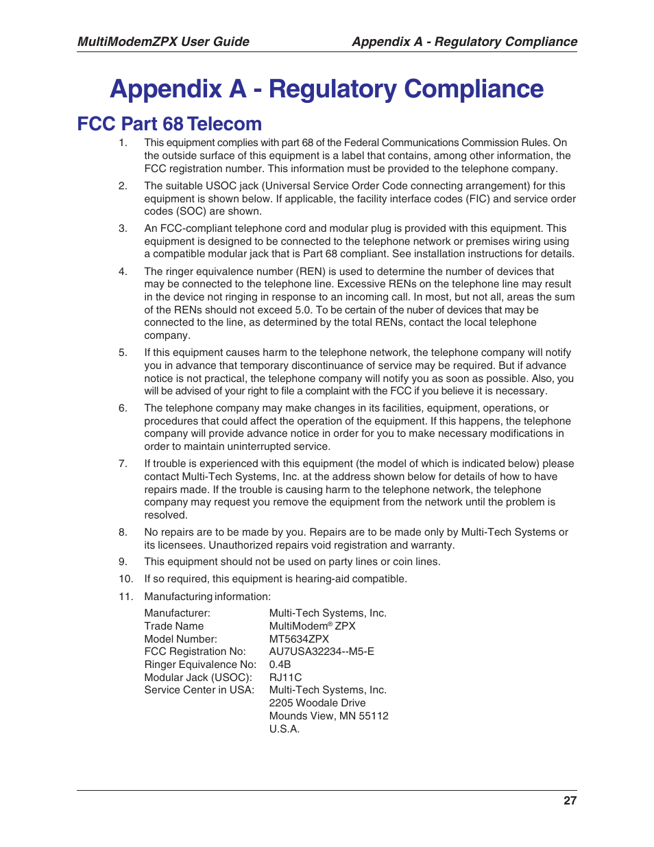 Appendix a - regulatory compliance, Fcc part 68 telecom | Multi-Tech Systems MULTIMODEM MT5634ZPX-V.92-ISA User Manual | Page 27 / 47