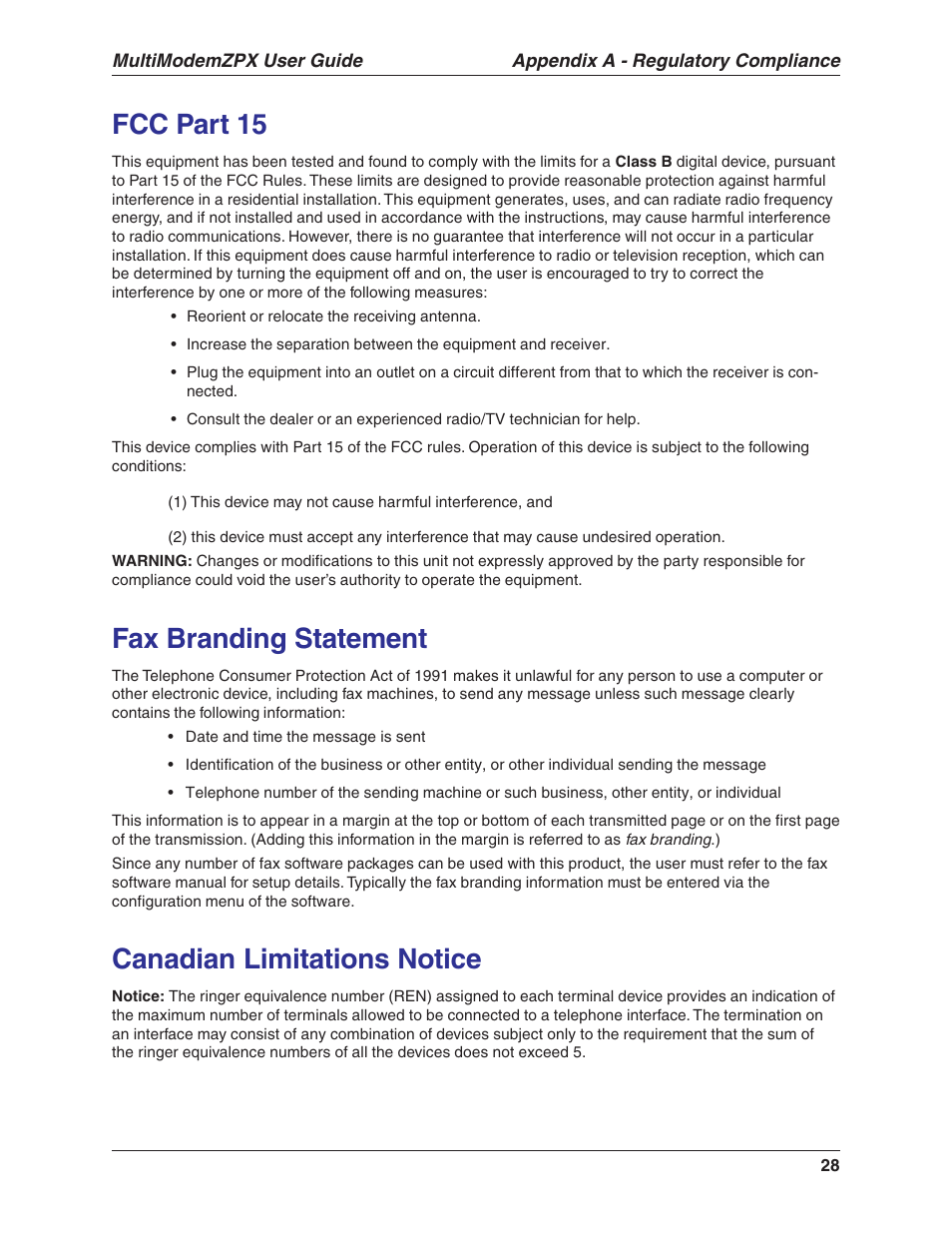 Fcc part 15, Fax branding statement, Canadian limitations notice | Multi-Tech Systems MULTIMODEM MT5634ZPX-V.92-ISA User Manual | Page 28 / 47