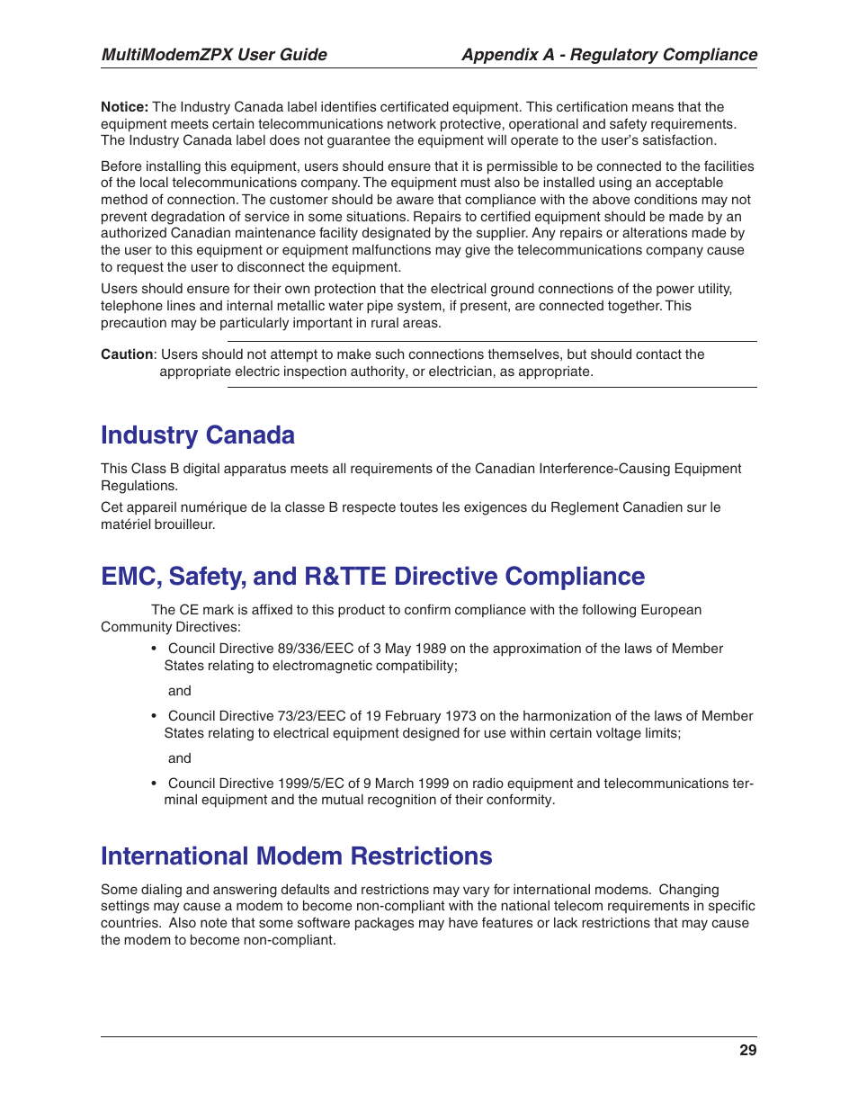 Industry canada, Emc, safety, and r&tte directive compliance, International modem restrictions | Multi-Tech Systems MULTIMODEM MT5634ZPX-V.92-ISA User Manual | Page 29 / 47