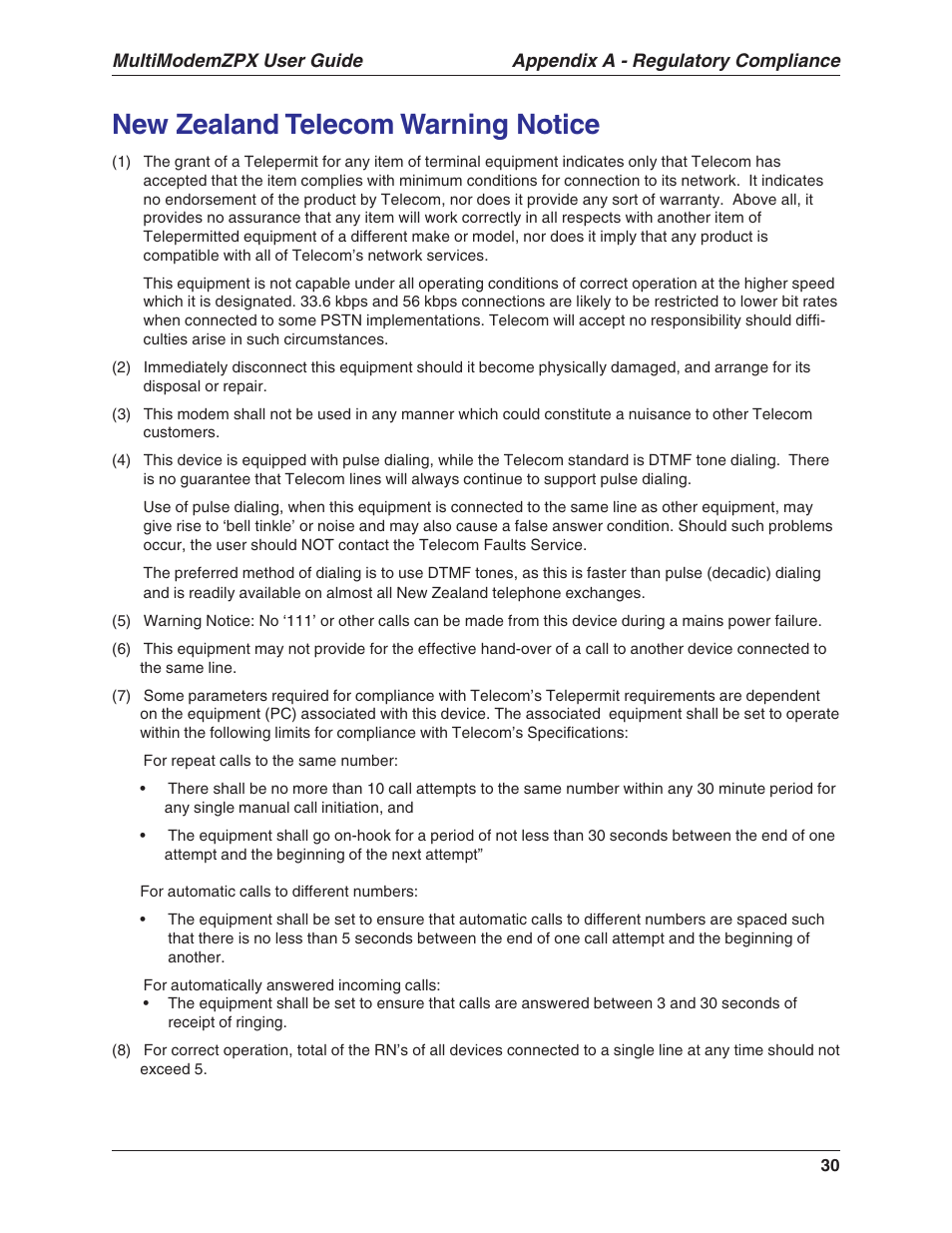 New zealand telecom warning notice | Multi-Tech Systems MULTIMODEM MT5634ZPX-V.92-ISA User Manual | Page 30 / 47