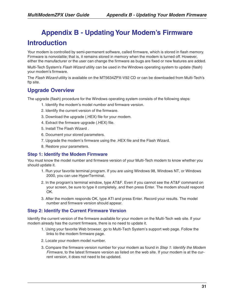 Upgrade overview | Multi-Tech Systems MULTIMODEM MT5634ZPX-V.92-ISA User Manual | Page 31 / 47