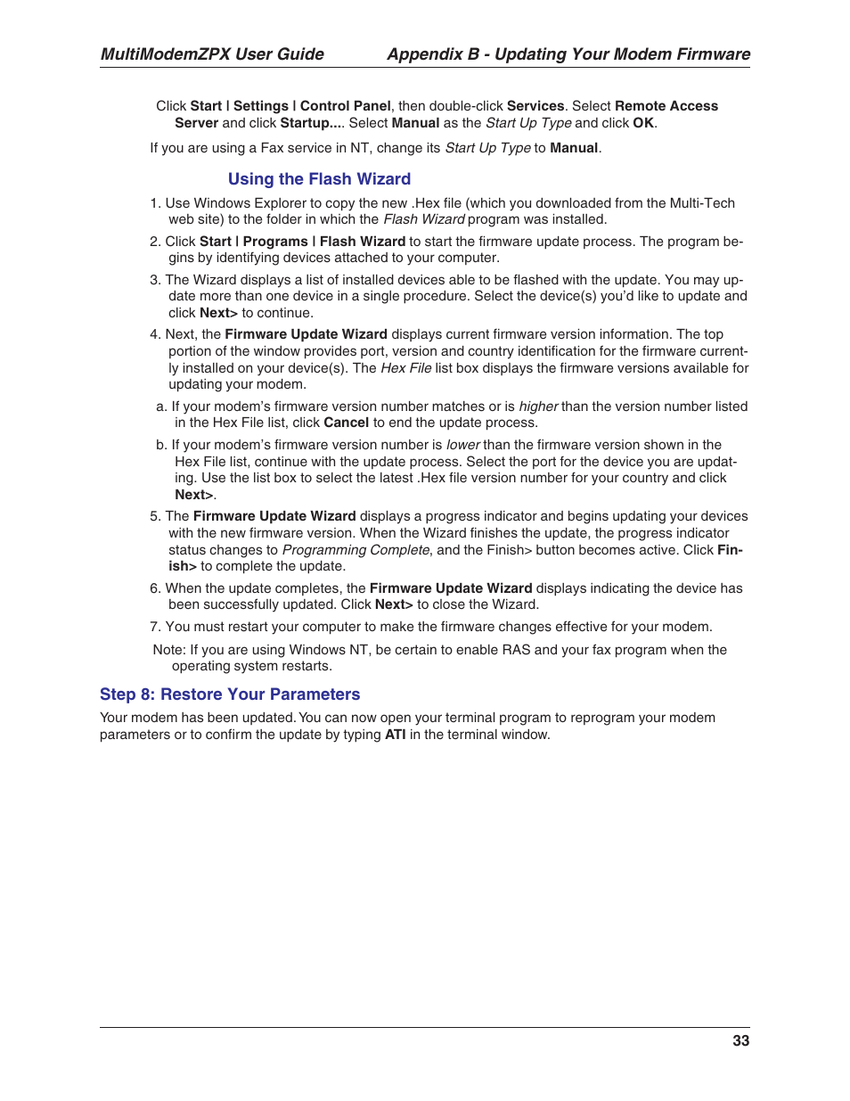 Appendix b - updating your modem firmware, Multimodemzpx user guide | Multi-Tech Systems MULTIMODEM MT5634ZPX-V.92-ISA User Manual | Page 33 / 47