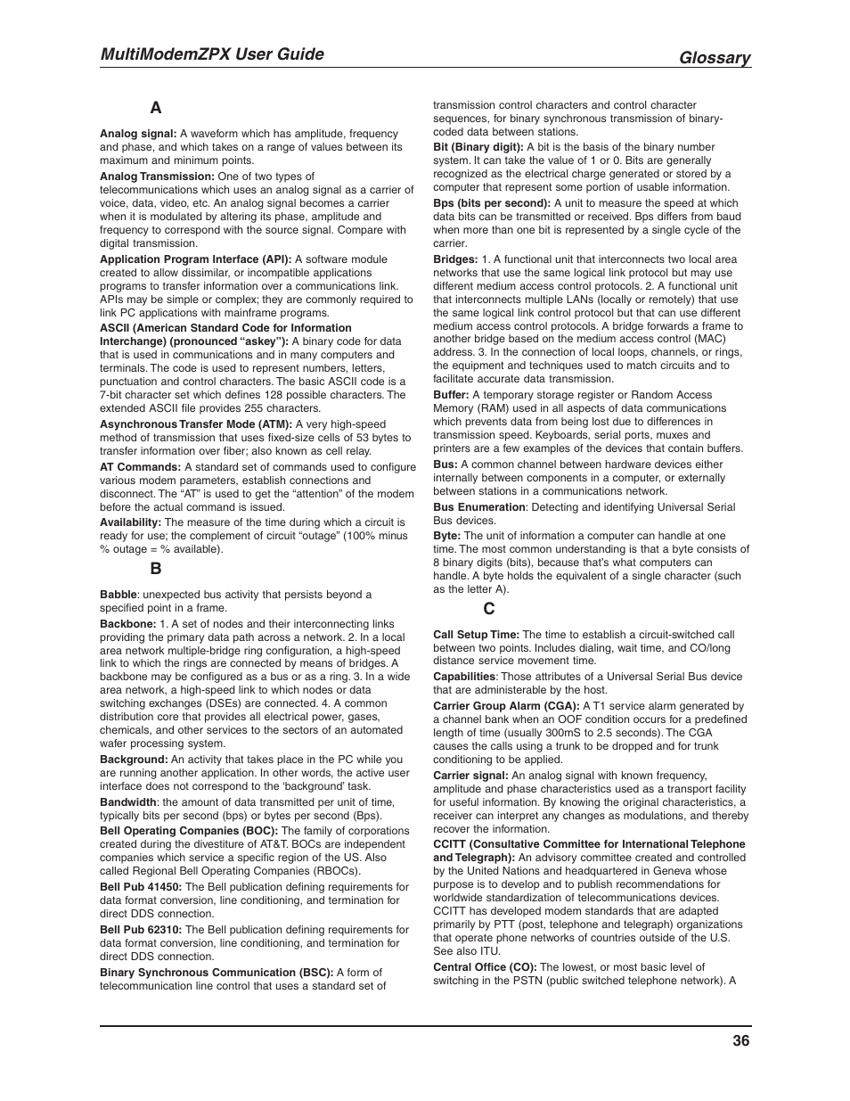 Glossary, Multimodemzpx user guide | Multi-Tech Systems MULTIMODEM MT5634ZPX-V.92-ISA User Manual | Page 36 / 47