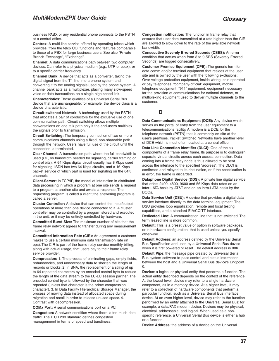 Glossary, Multimodemzpx user guide | Multi-Tech Systems MULTIMODEM MT5634ZPX-V.92-ISA User Manual | Page 37 / 47