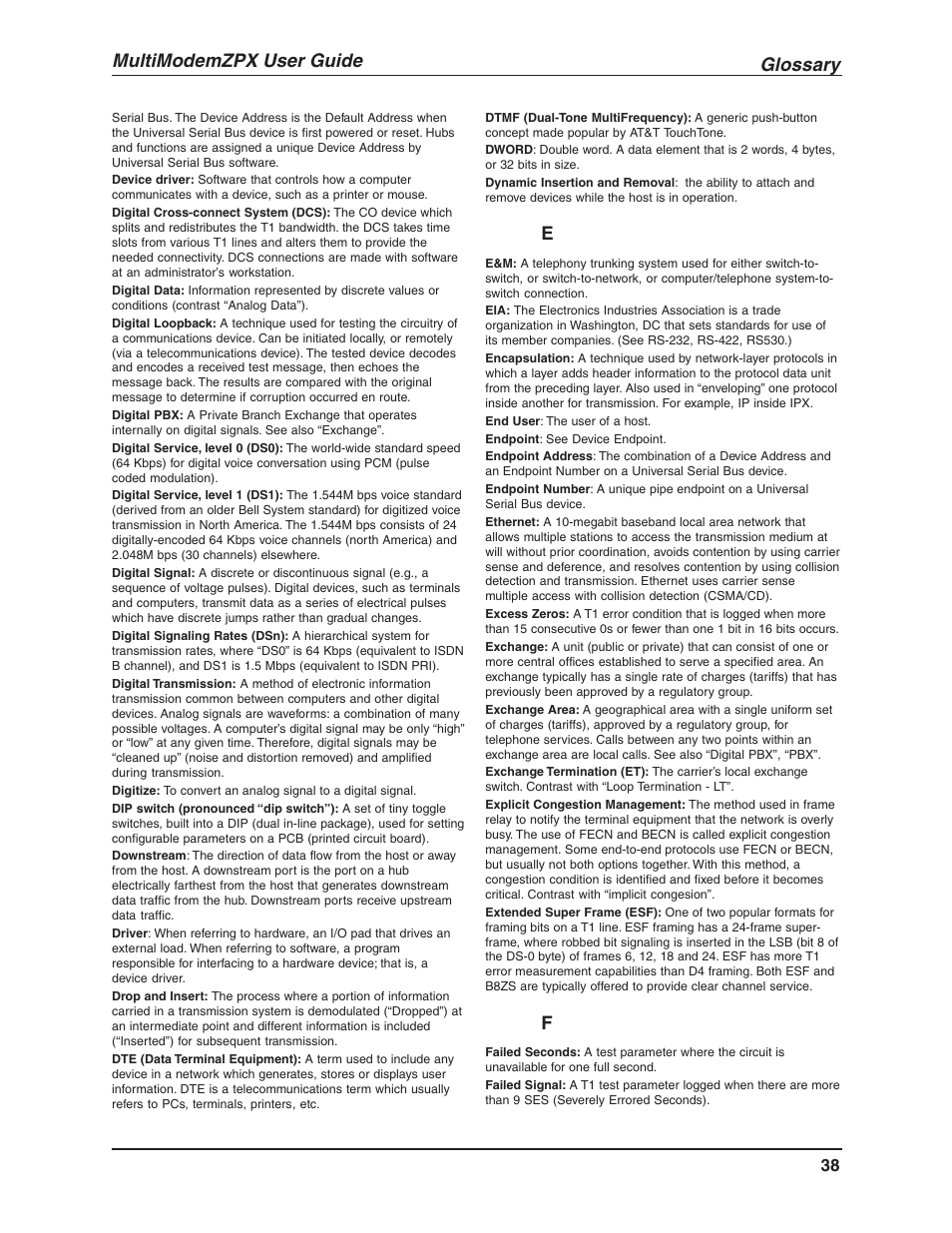 Glossary, Multimodemzpx user guide | Multi-Tech Systems MULTIMODEM MT5634ZPX-V.92-ISA User Manual | Page 38 / 47