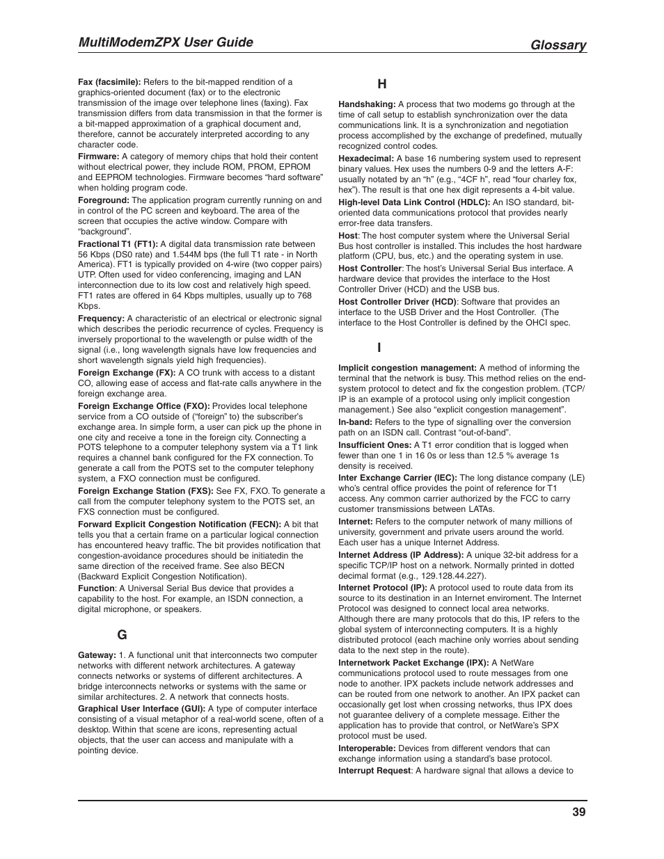 Glossary, Multimodemzpx user guide | Multi-Tech Systems MULTIMODEM MT5634ZPX-V.92-ISA User Manual | Page 39 / 47