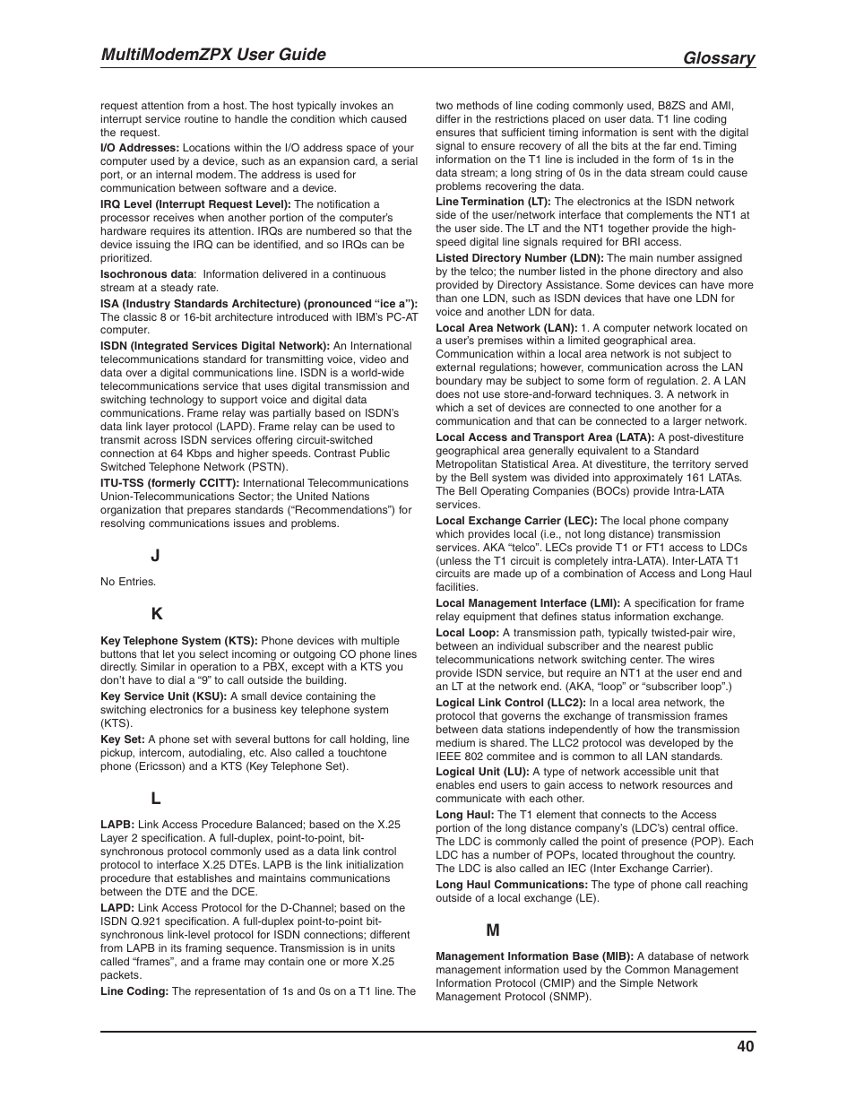 Glossary, Multimodemzpx user guide | Multi-Tech Systems MULTIMODEM MT5634ZPX-V.92-ISA User Manual | Page 40 / 47