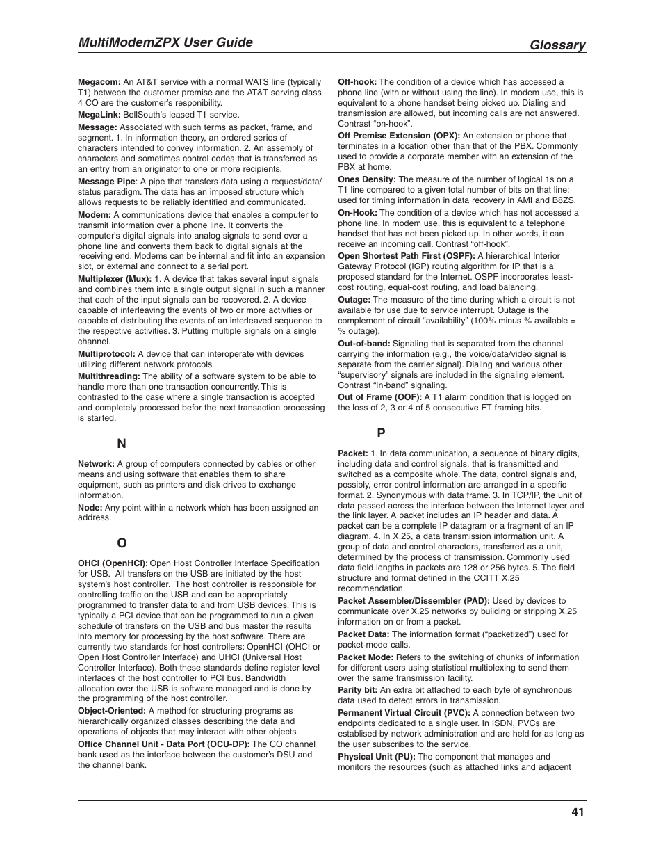 Glossary, Multimodemzpx user guide | Multi-Tech Systems MULTIMODEM MT5634ZPX-V.92-ISA User Manual | Page 41 / 47