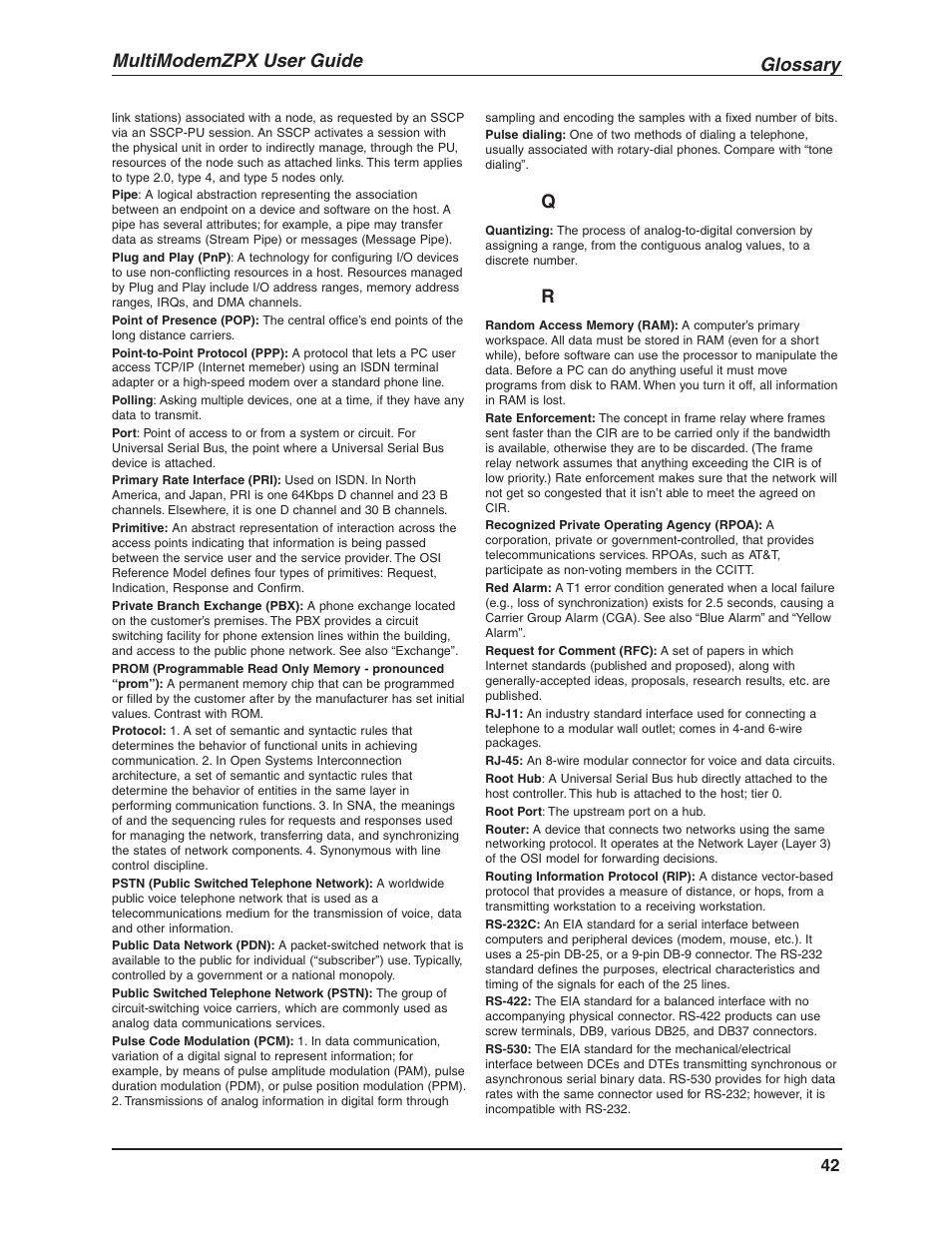Glossary, Multimodemzpx user guide | Multi-Tech Systems MULTIMODEM MT5634ZPX-V.92-ISA User Manual | Page 42 / 47
