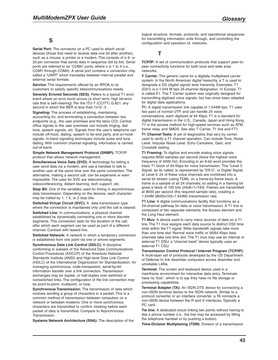 Glossary, Multimodemzpx user guide | Multi-Tech Systems MULTIMODEM MT5634ZPX-V.92-ISA User Manual | Page 43 / 47