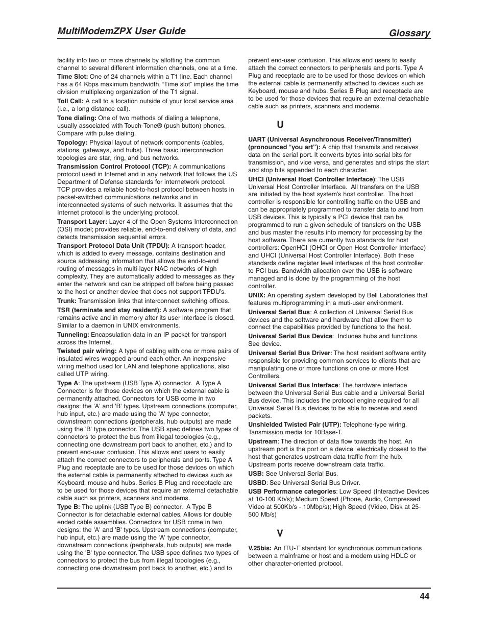 Glossary, Multimodemzpx user guide | Multi-Tech Systems MULTIMODEM MT5634ZPX-V.92-ISA User Manual | Page 44 / 47