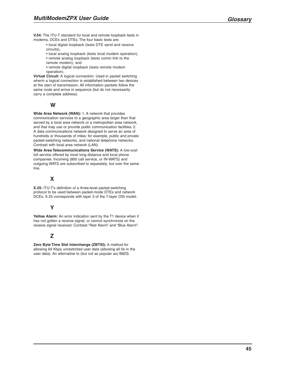 Glossary, Multimodemzpx user guide | Multi-Tech Systems MULTIMODEM MT5634ZPX-V.92-ISA User Manual | Page 45 / 47