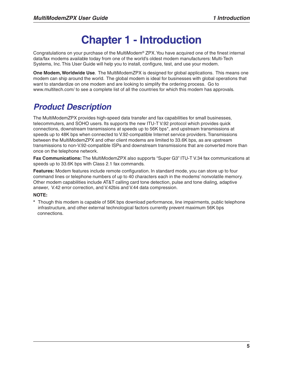 Chapter 1 - introduction, Product description | Multi-Tech Systems MULTIMODEM MT5634ZPX-V.92-ISA User Manual | Page 5 / 47