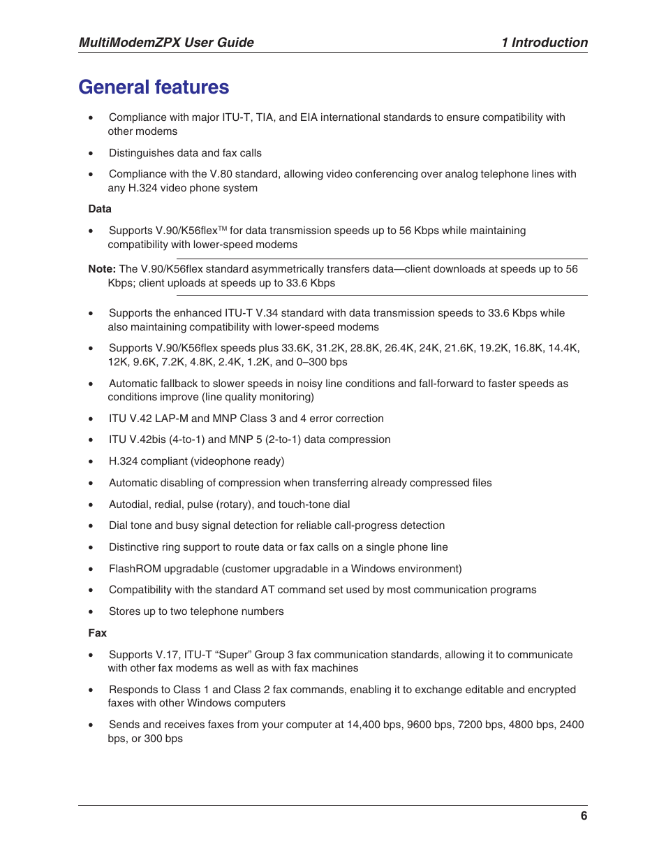General features, 1 introduction, Multimodemzpx user guide | Multi-Tech Systems MULTIMODEM MT5634ZPX-V.92-ISA User Manual | Page 6 / 47