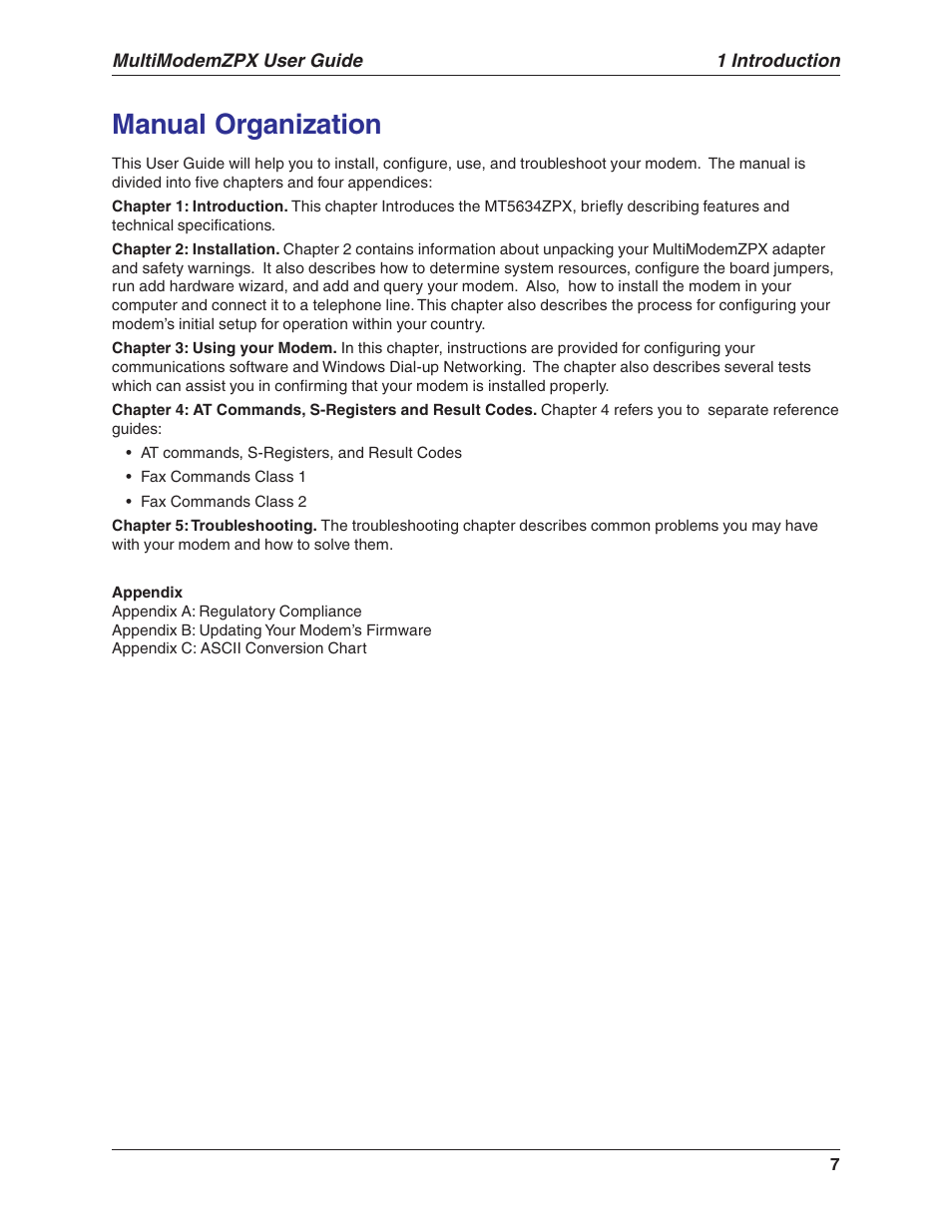 Manual organization | Multi-Tech Systems MULTIMODEM MT5634ZPX-V.92-ISA User Manual | Page 7 / 47
