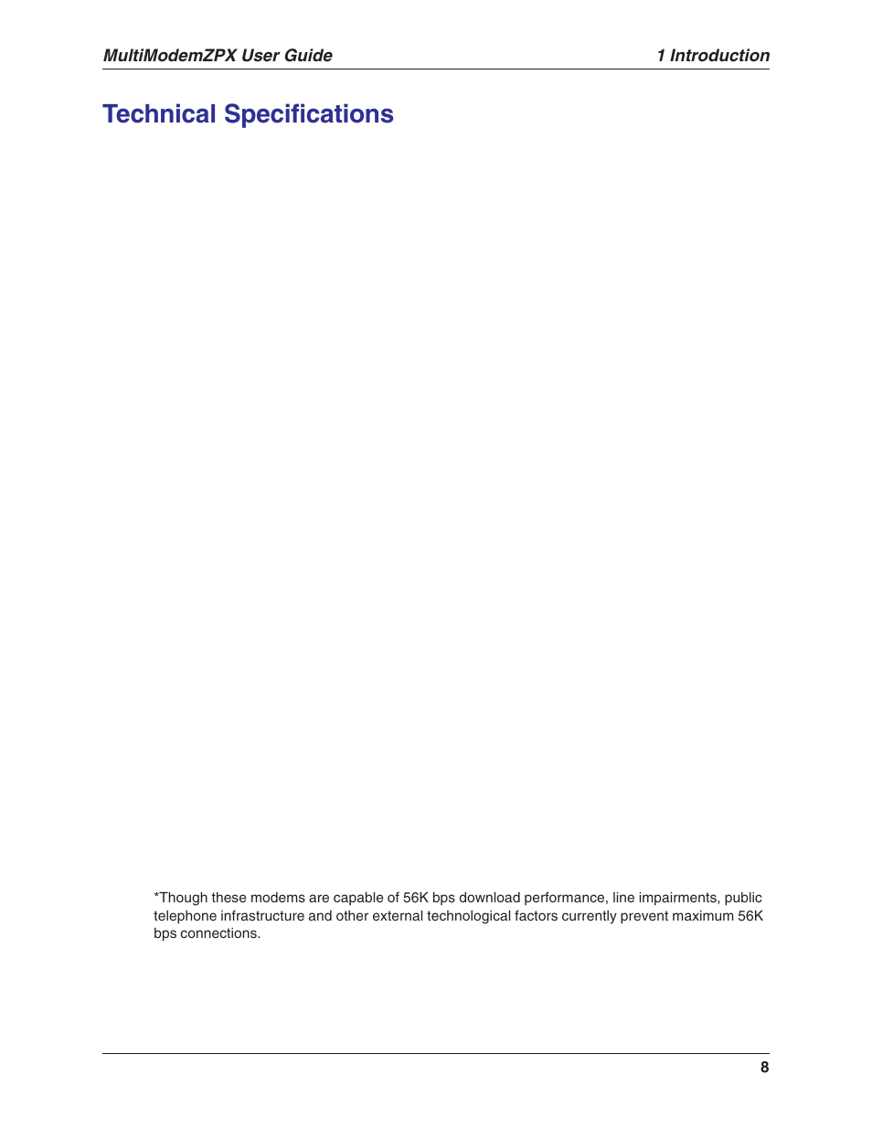 Technical specifications, 1 introduction, Multimodemzpx user guide | Multi-Tech Systems MULTIMODEM MT5634ZPX-V.92-ISA User Manual | Page 8 / 47