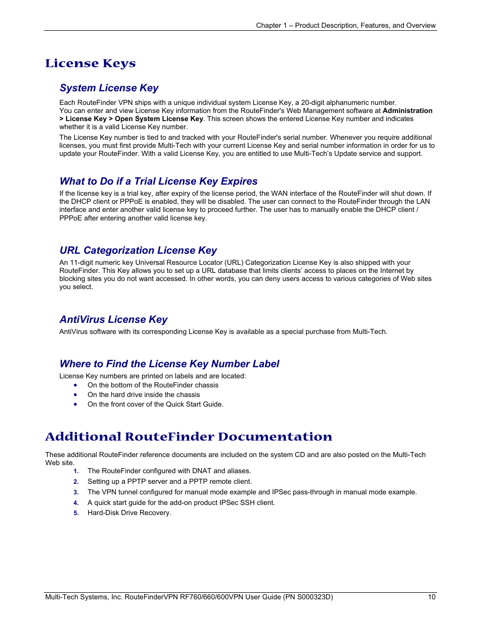 License keys, Additional routefinder documentation, System license key | What to do if a trial license key expires, Url categorization license key, Antivirus license key, Where to find the license key number label | Multi-Tech Systems RF660 User Manual | Page 10 / 189