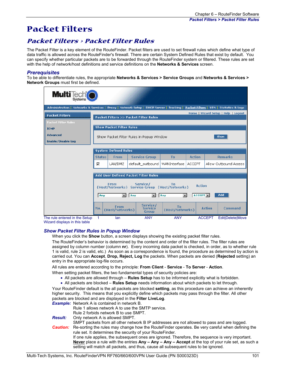 Packet filters, Packet filters > packet filter rules | Multi-Tech Systems RF660 User Manual | Page 101 / 189