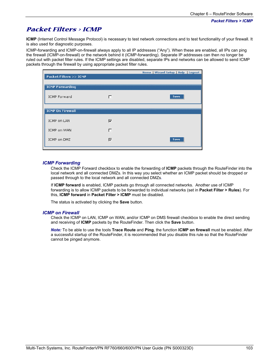 Packet filters > icmp | Multi-Tech Systems RF660 User Manual | Page 103 / 189