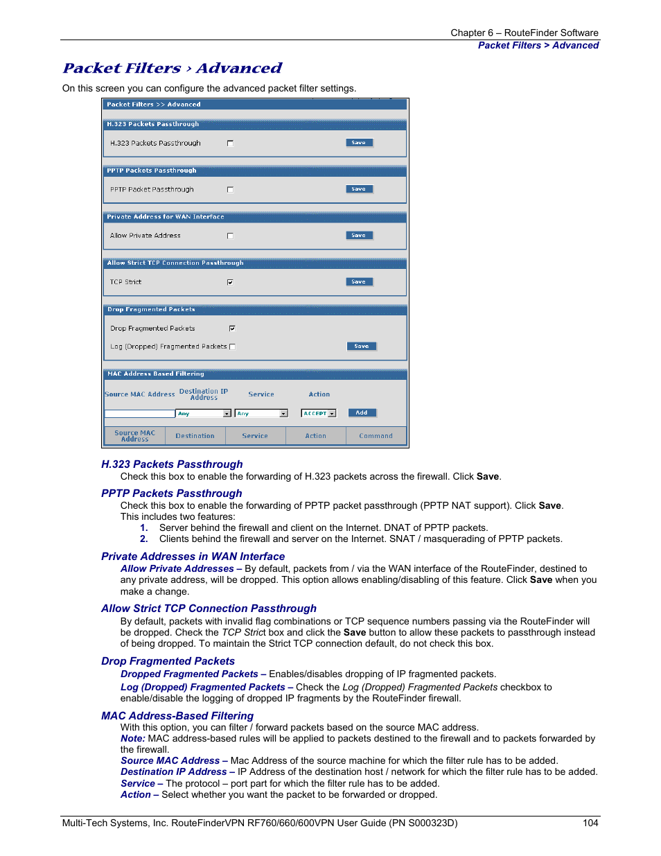 Packet filters > advanced | Multi-Tech Systems RF660 User Manual | Page 104 / 189