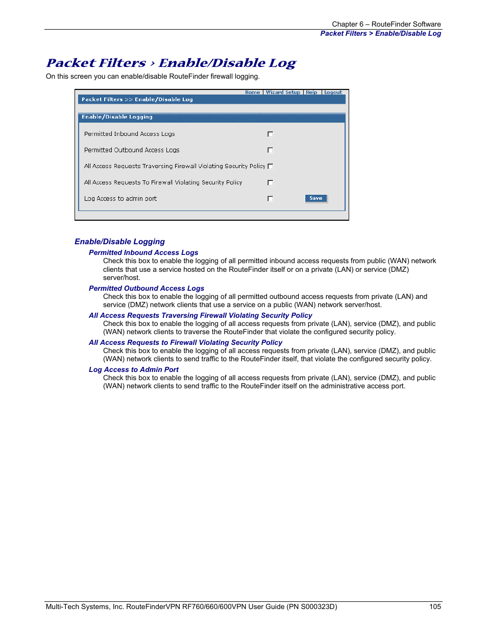 Packet filters > enable/disable log | Multi-Tech Systems RF660 User Manual | Page 105 / 189