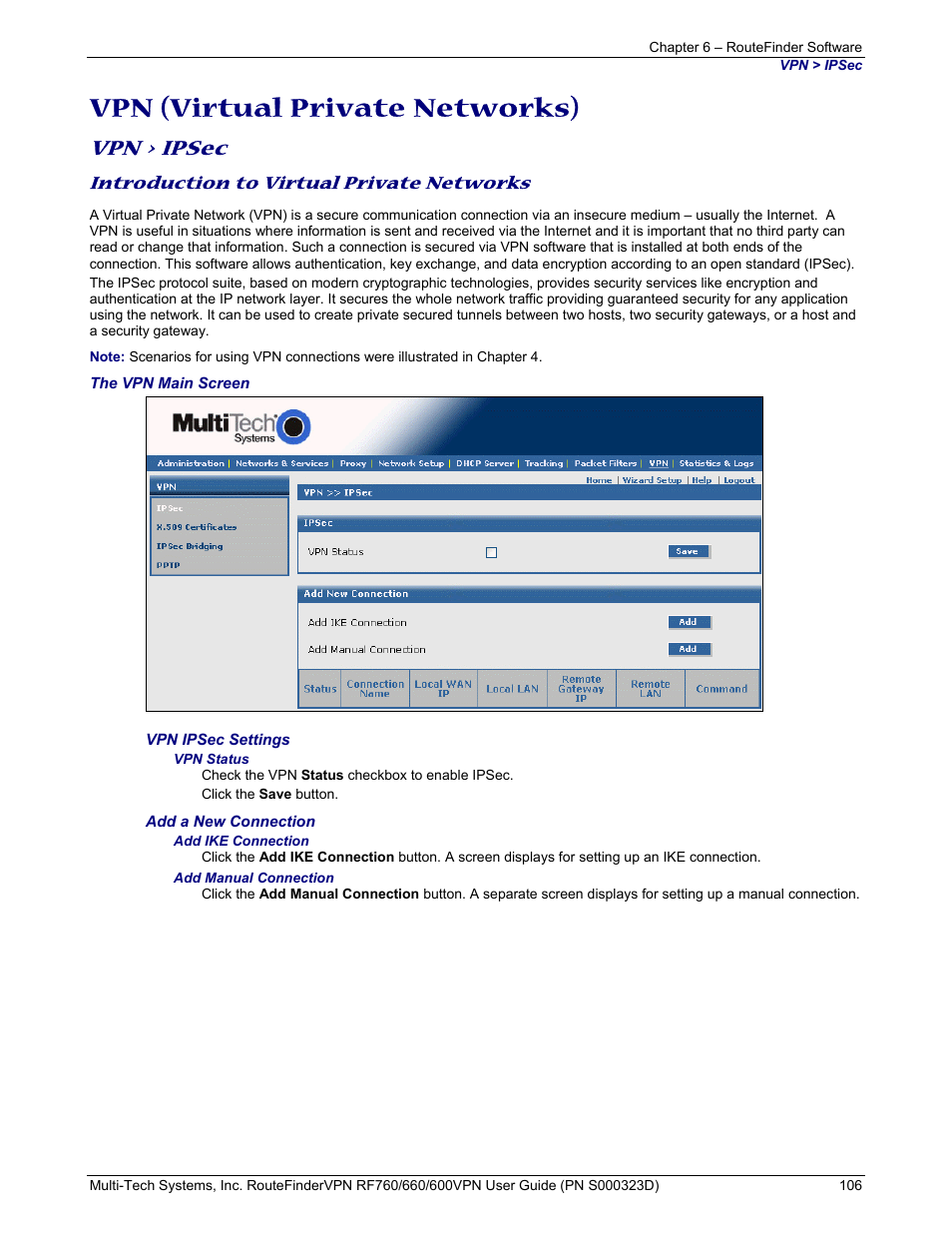 Vpn (virtual private networks), Vpn > ipsec, Introduction to virtual private networks | Multi-Tech Systems RF660 User Manual | Page 106 / 189