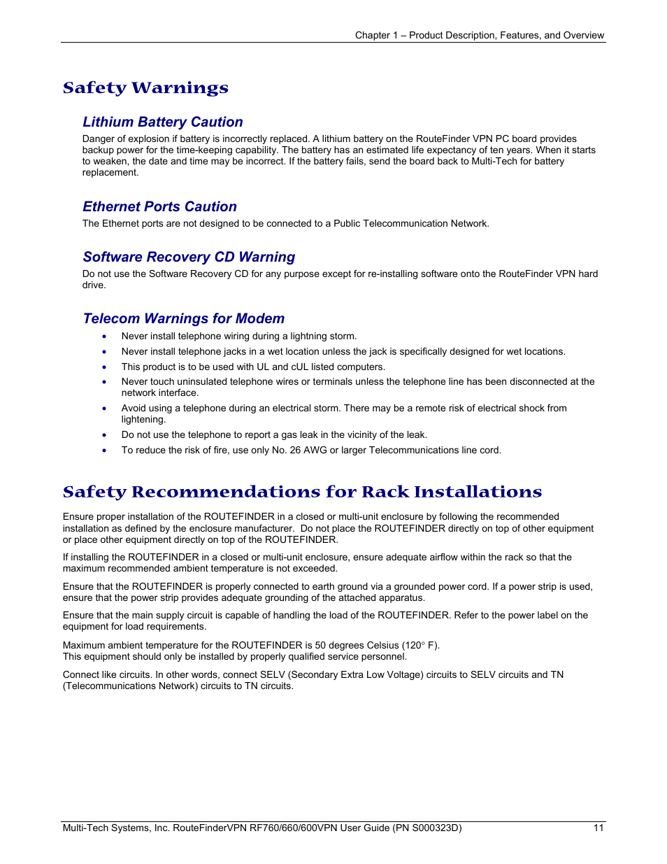 Safety warnings, Safety recommendations for rack installations, Lithium battery caution | Ethernet ports caution, Software recovery cd warning, Telecom warnings for modem | Multi-Tech Systems RF660 User Manual | Page 11 / 189