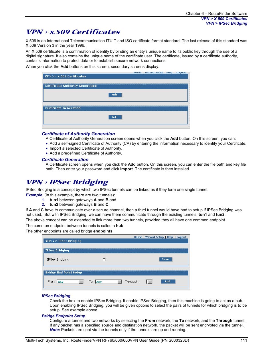 Vpn > x.509 certificates, Vpn > ipsec bridging | Multi-Tech Systems RF660 User Manual | Page 111 / 189