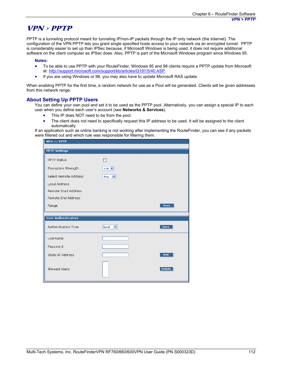 Vpn > pptp | Multi-Tech Systems RF660 User Manual | Page 112 / 189