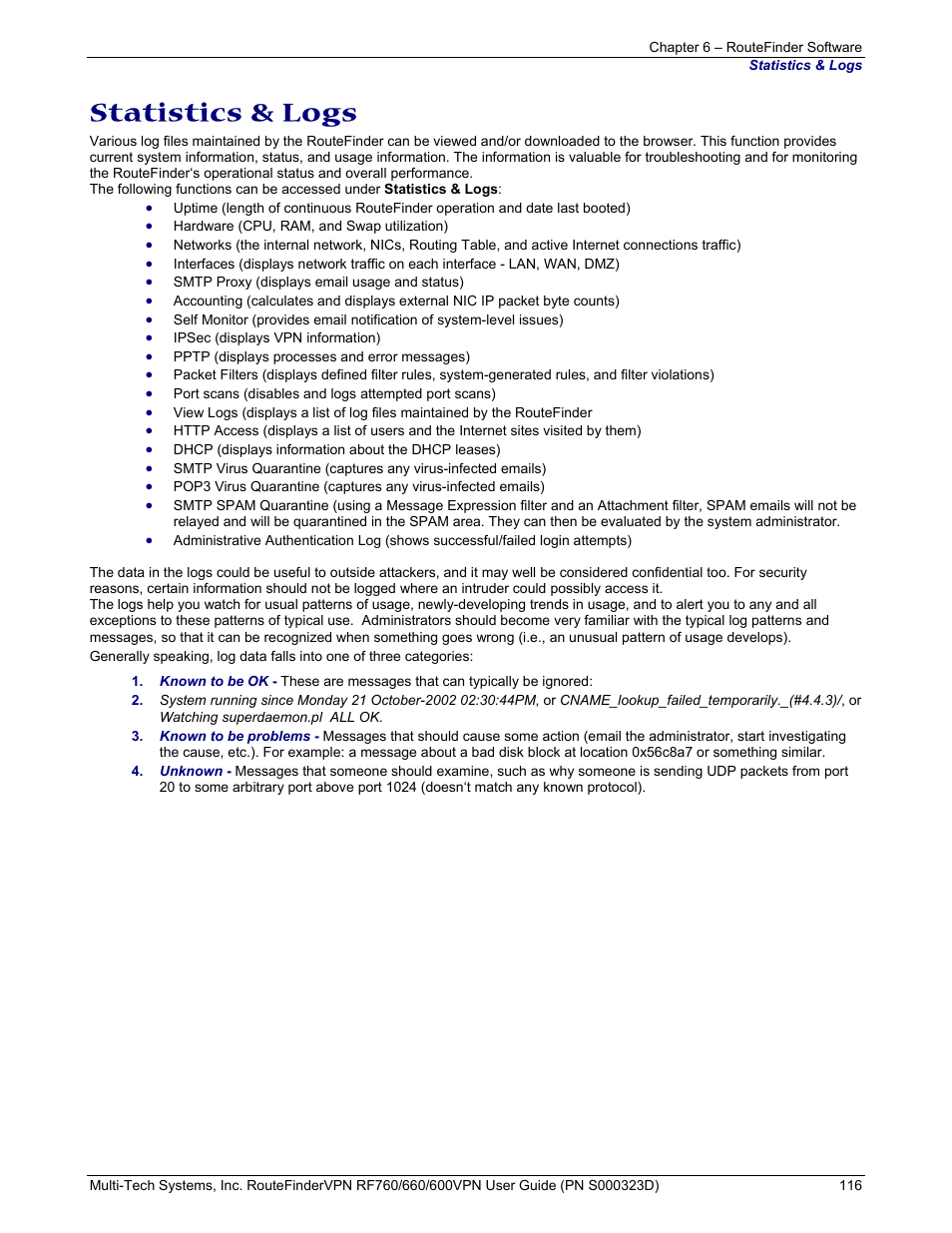 Statistics & logs | Multi-Tech Systems RF660 User Manual | Page 116 / 189