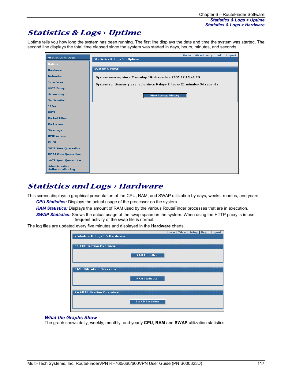Statistics & logs, Uptime, Statistics and logs > hardware | Multi-Tech Systems RF660 User Manual | Page 117 / 189