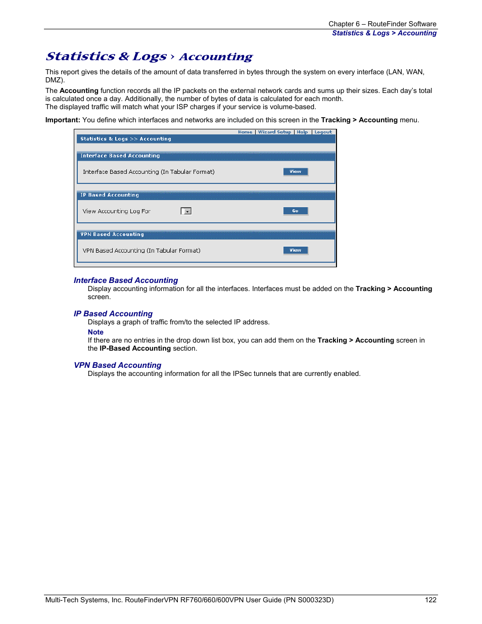 Statistics & logs, Accounting | Multi-Tech Systems RF660 User Manual | Page 122 / 189
